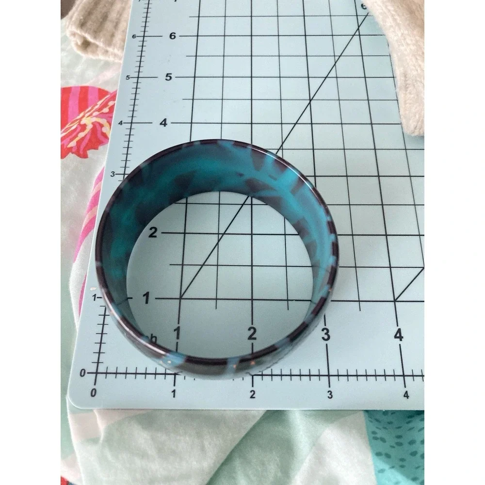 Wide Acrylic Bangle Bracelet Black Turquoise Colored Zebra Stripe‎ 80's Style